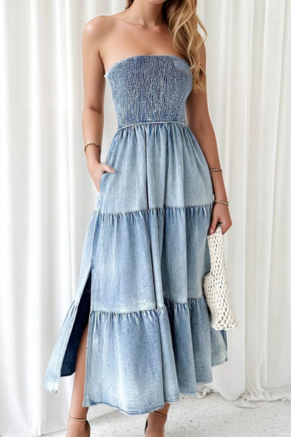 Smocked Tube Slit Tiered Denim Dress Hauptbild