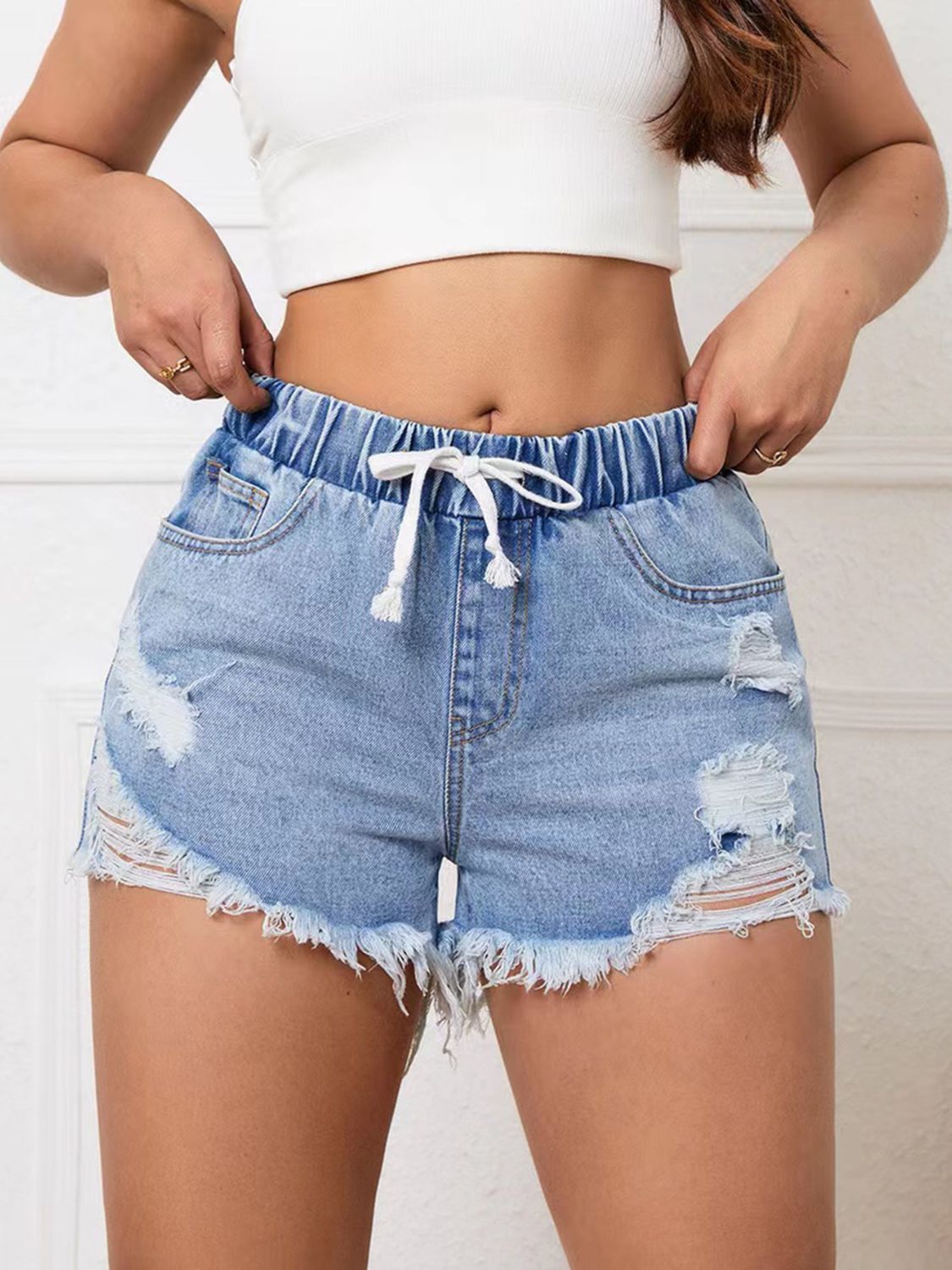 Distressed Drawstring Raw Hem Denim Shorts - felvior