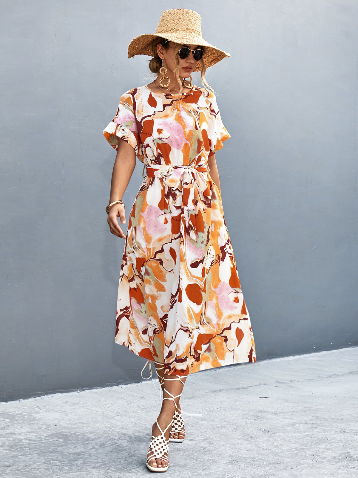 Round Neck Short Sleeve Tie Waist Midi Dress - felvior