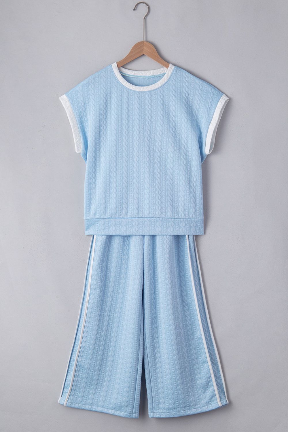 Textured Contrast Edge Top and High Waist Pants Set