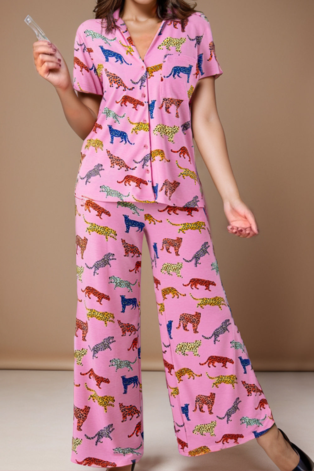 Animal Button Up Top and Pants Lounge Set - felvior