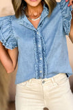 Button Down Raw Hem Ruffled Denim Shirt - felvior