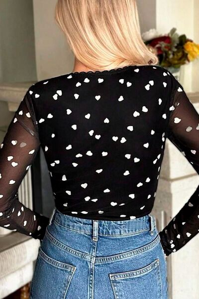Heart Square Neck Long Sleeve Bodysuit - felvior
