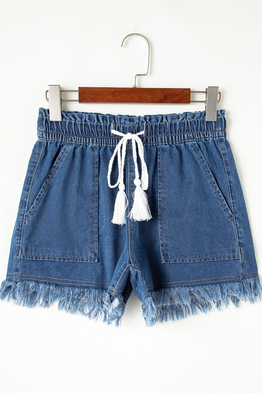 Raw Hem Drawstring High Waist Denim Shorts with Pockets - felvior