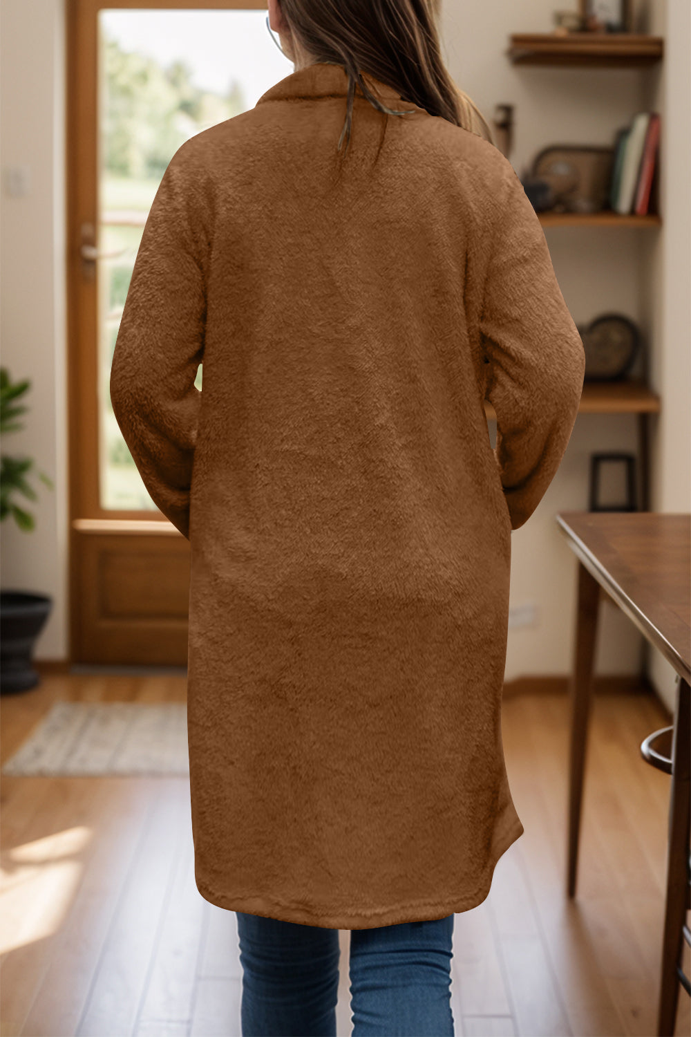 Full Size One Button Long Sleeve Longline Plush Coat - felvior
