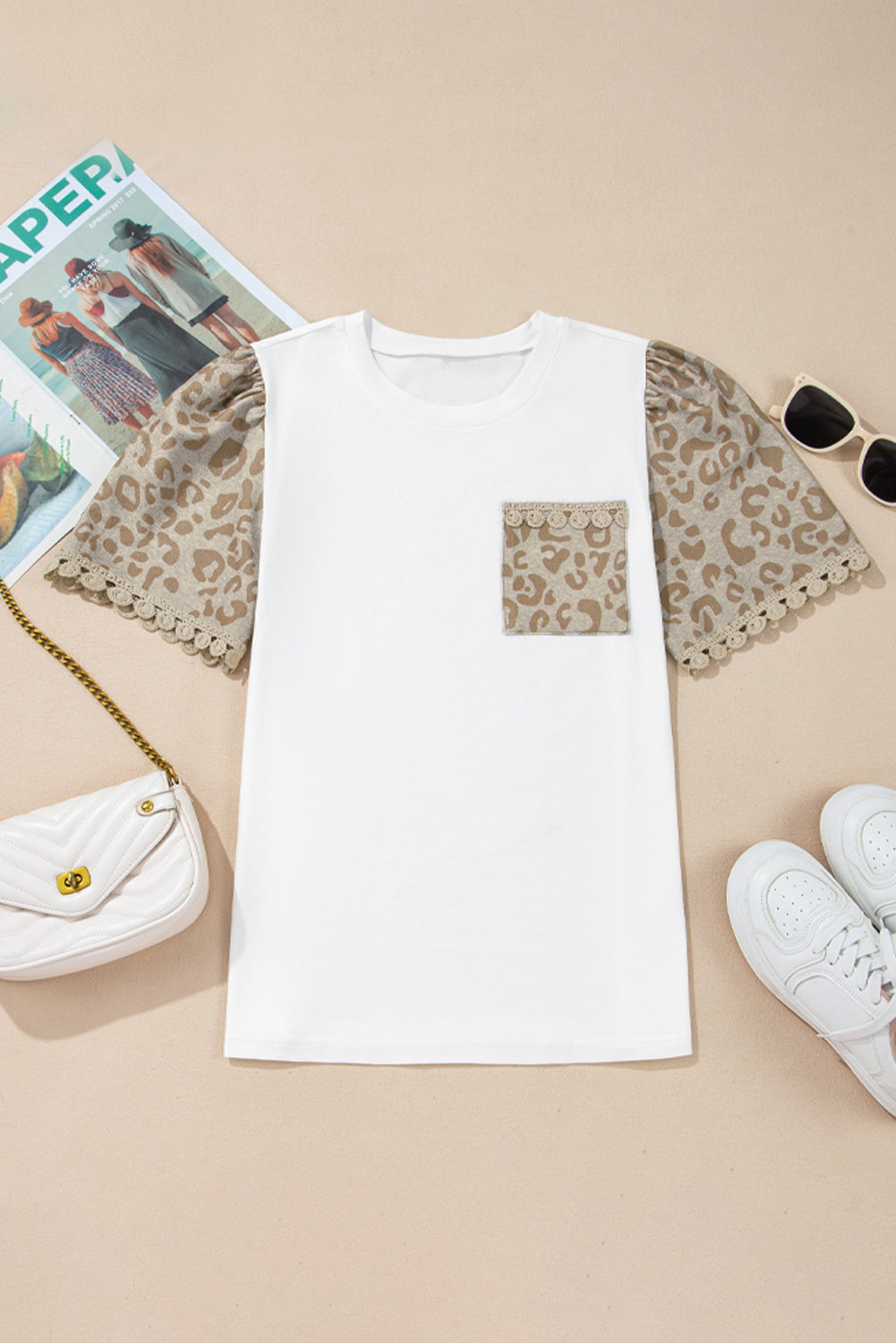 Leopard Patchwork Crochet Lace Trim Puff Sleeve T Shirt - felvior