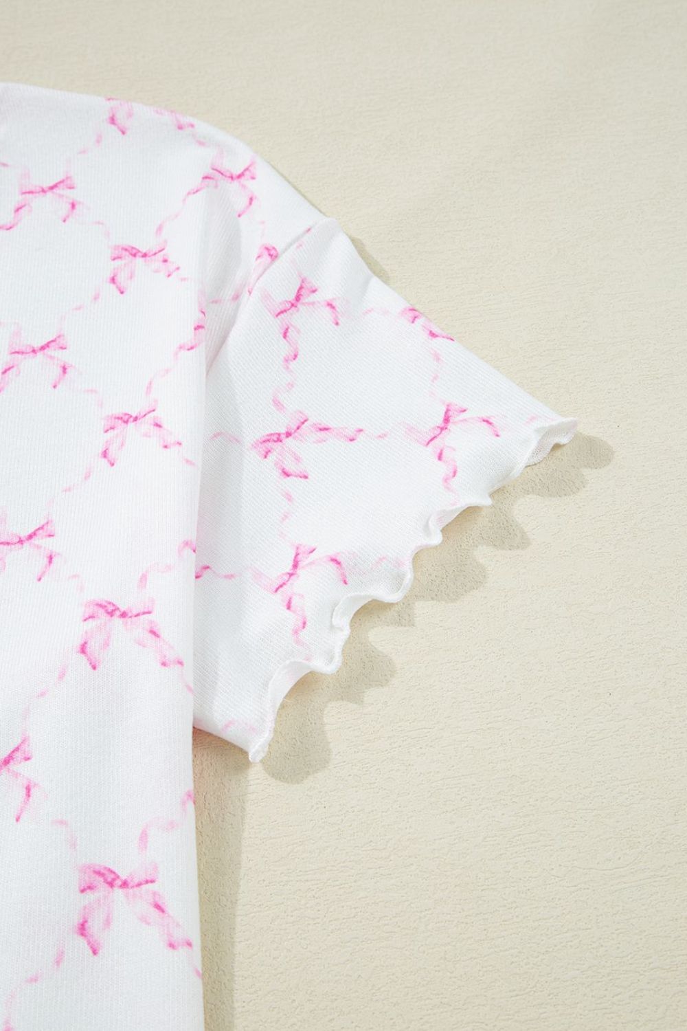 Bow Print Lettuce Trim Round Neck Top and Shorts Lounge Set