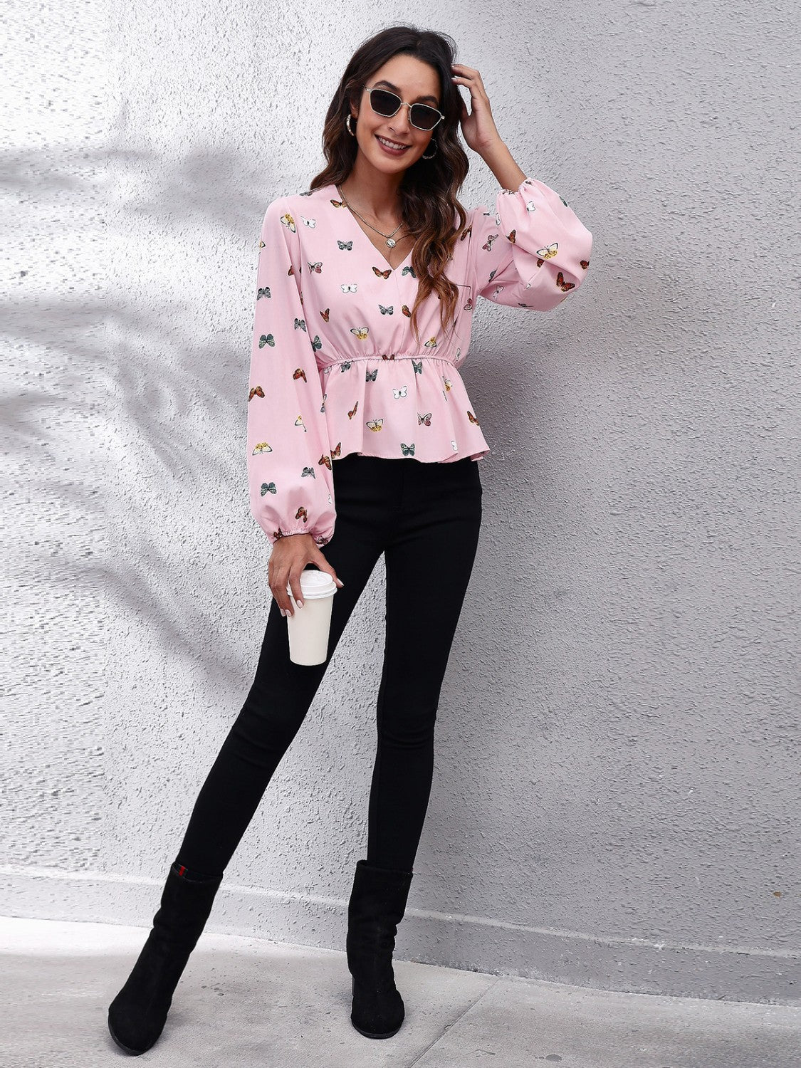 Butterfly V-Neck Balloon Sleeve Peplum Blouse - felvior