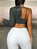 One Shoulder Long Sleeve Cropped Denim Top - felvior