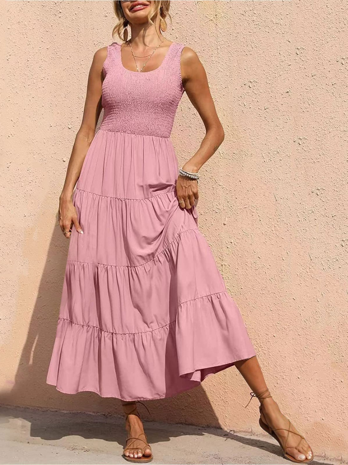 Tiered Smocked Wide Strap Dress - felvior
