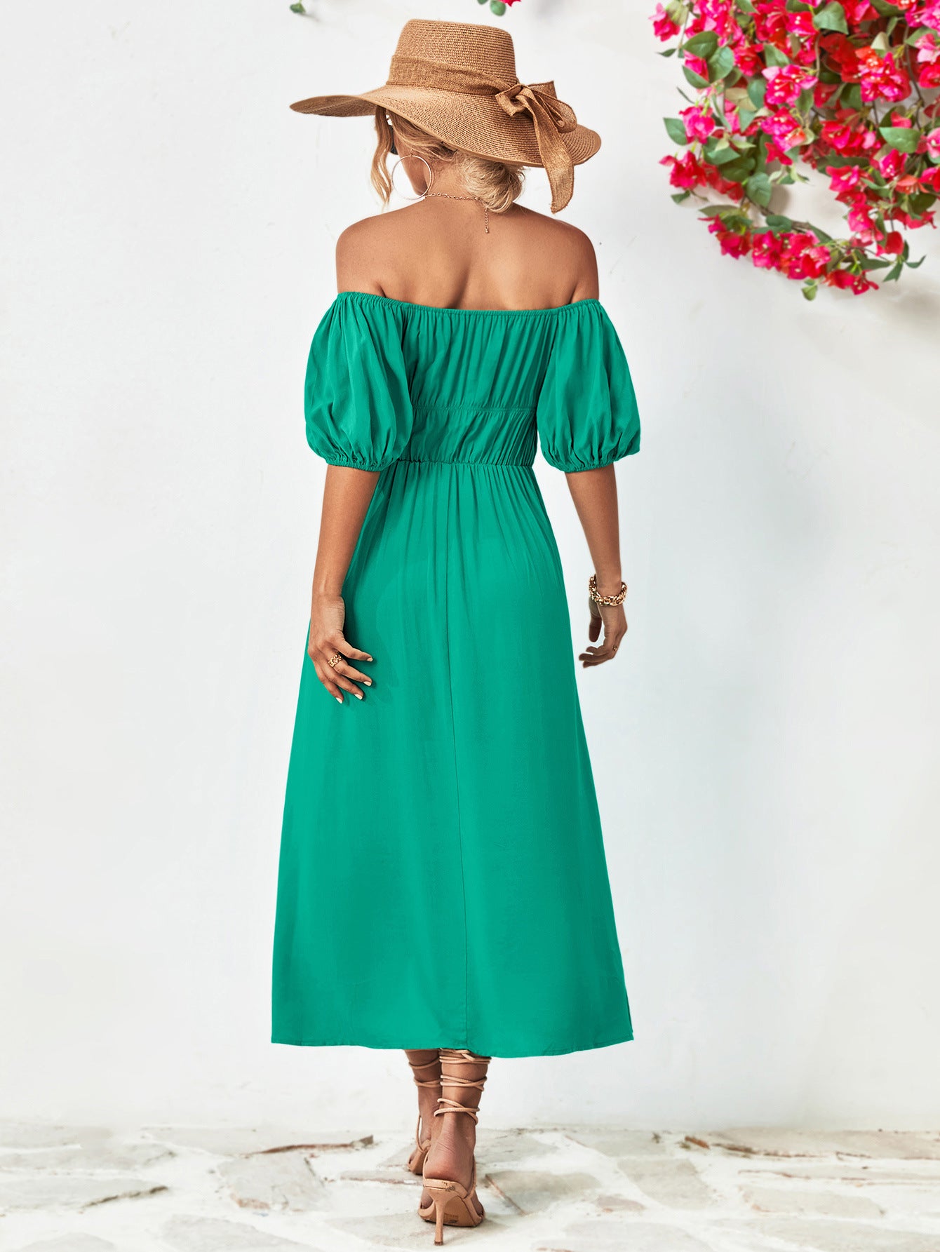 Off-Shoulder Balloon Sleeve Midi Dress - felvior