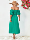 Off-Shoulder Balloon Sleeve Midi Dress - felvior
