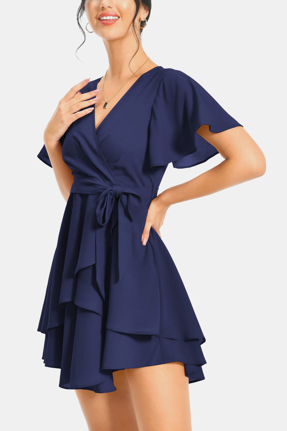 Surplice Neck Flutter Sleeve Dress - felvior