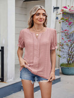 Eyelet Notched Short Sleeve Top
