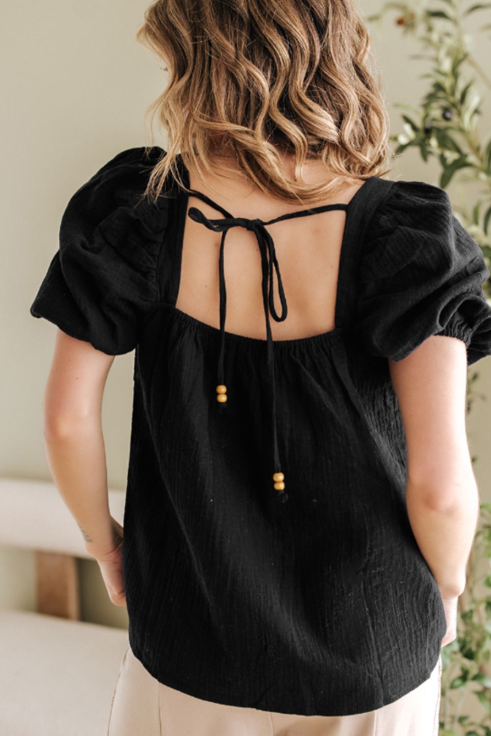 Flower Crochet Square Neck Puff Sleeve Blouse