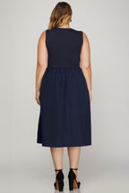 She + Sky Full Size Sleeveless Poplin Woven Midi Dress with Pockets Plus Size