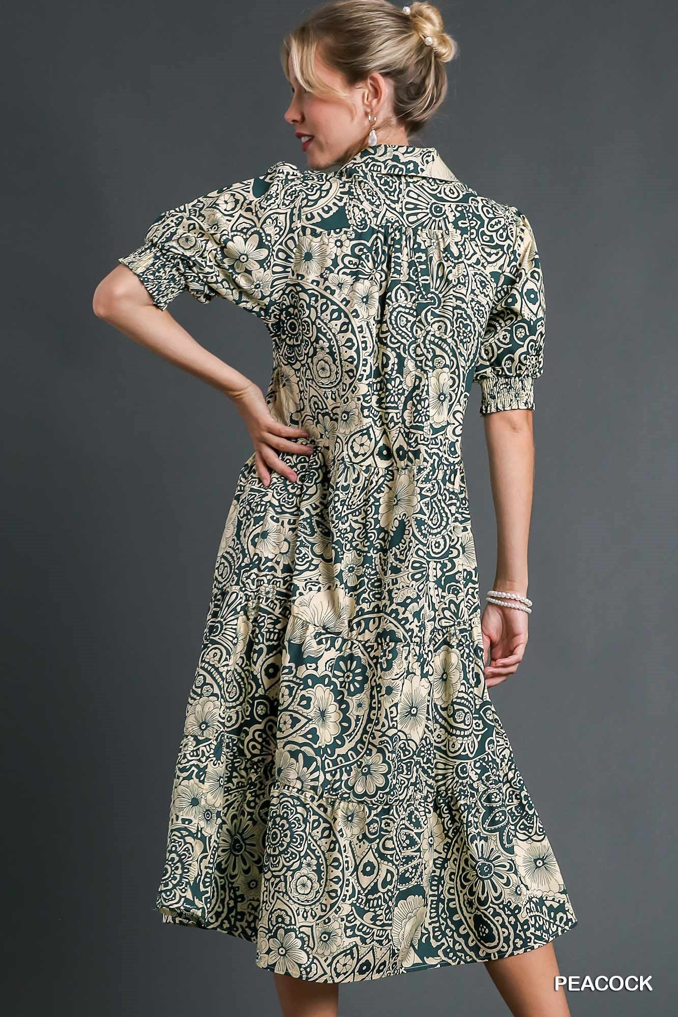 Umgee Full Size Printed Smocked Cuff Puff Sleeve Midi Dress Plus Size - felvior