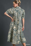 Umgee Full Size Printed Smocked Cuff Puff Sleeve Midi Dress Plus Size - felvior