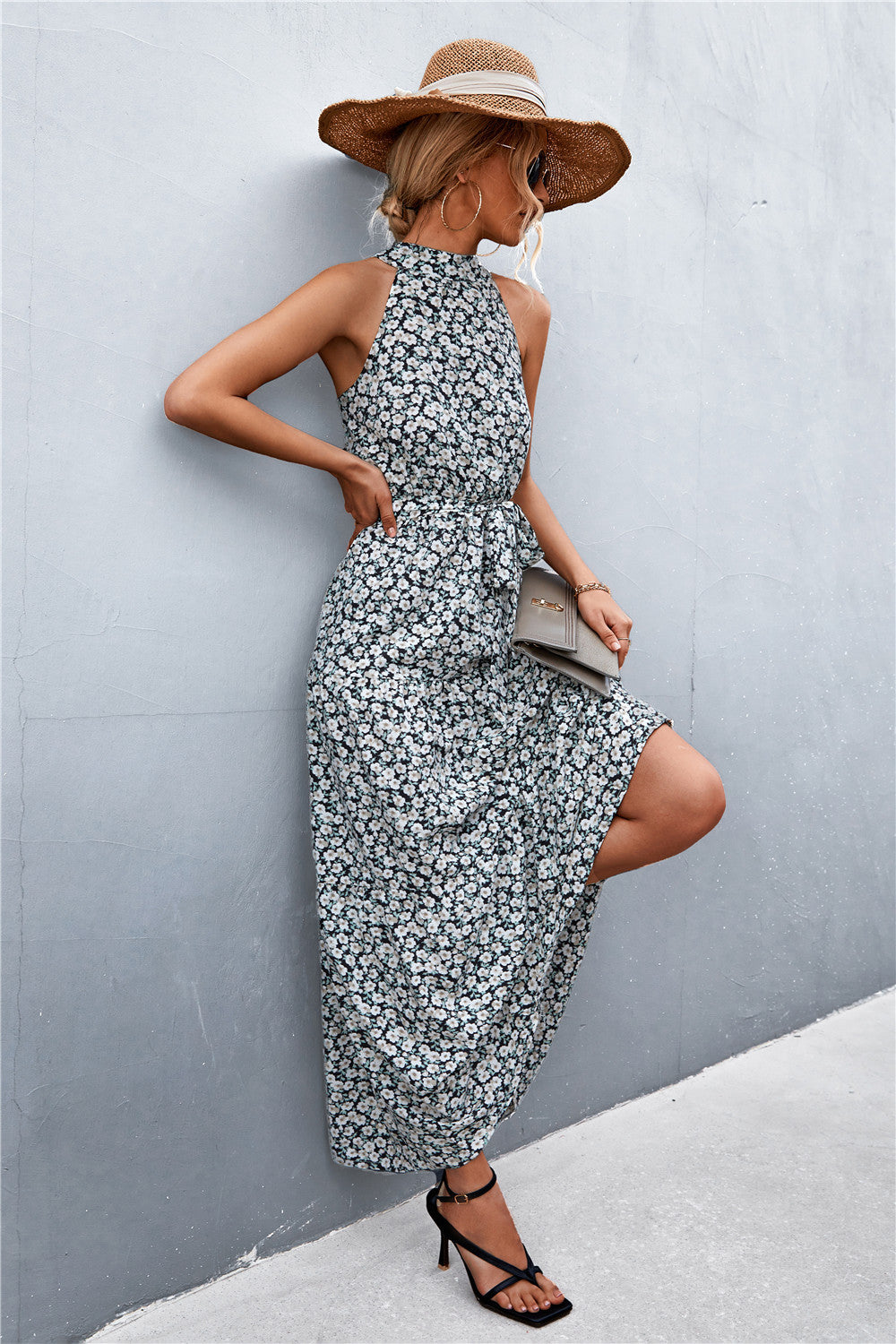 Printed Sleeveless Tie Waist Maxi Dress - felvior