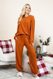 Super Lady Full Size Fuzzy Hacci Brush Round Neck Top and Pants Lounge Set - felvior