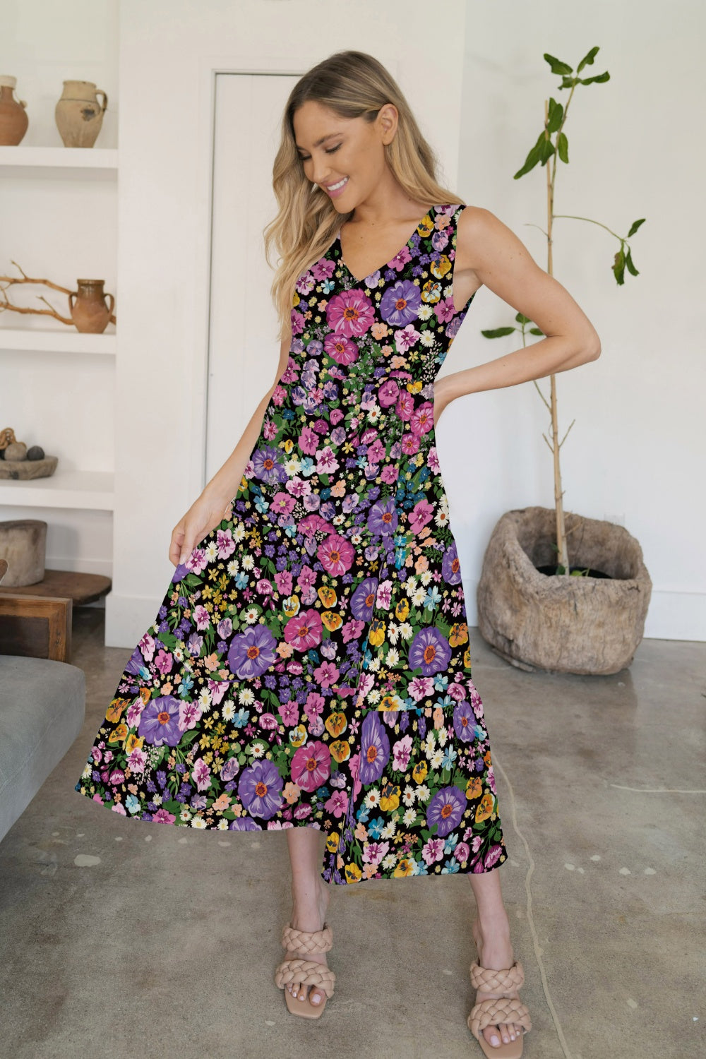 FAM-FAM Tiered Printed V-Neck Sleeveless Dress - felvior
