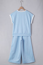 Textured Contrast Edge Top and High Waist Pants Set