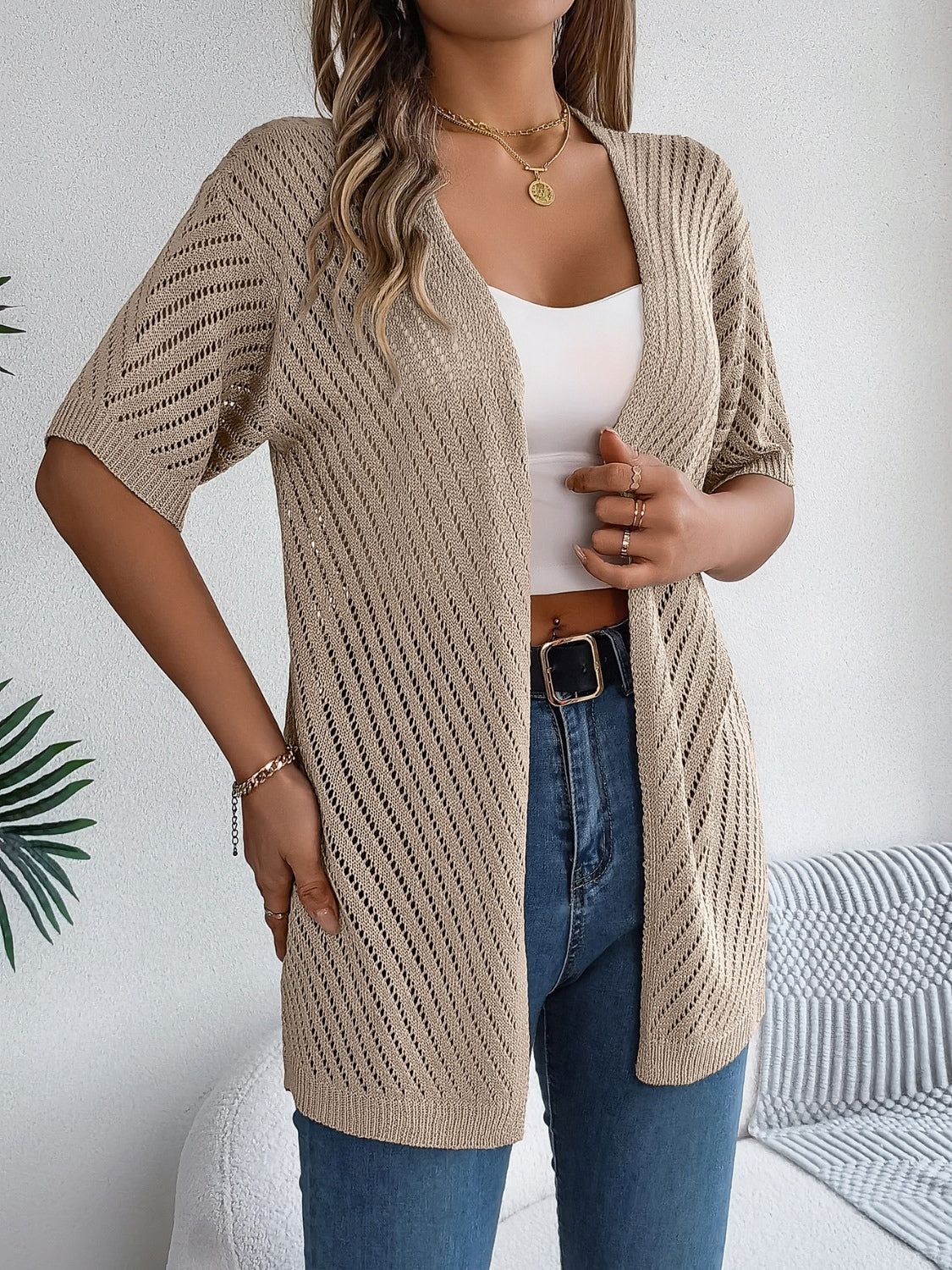 Openwork Open Front Half Sleeve Cardigan - felvior