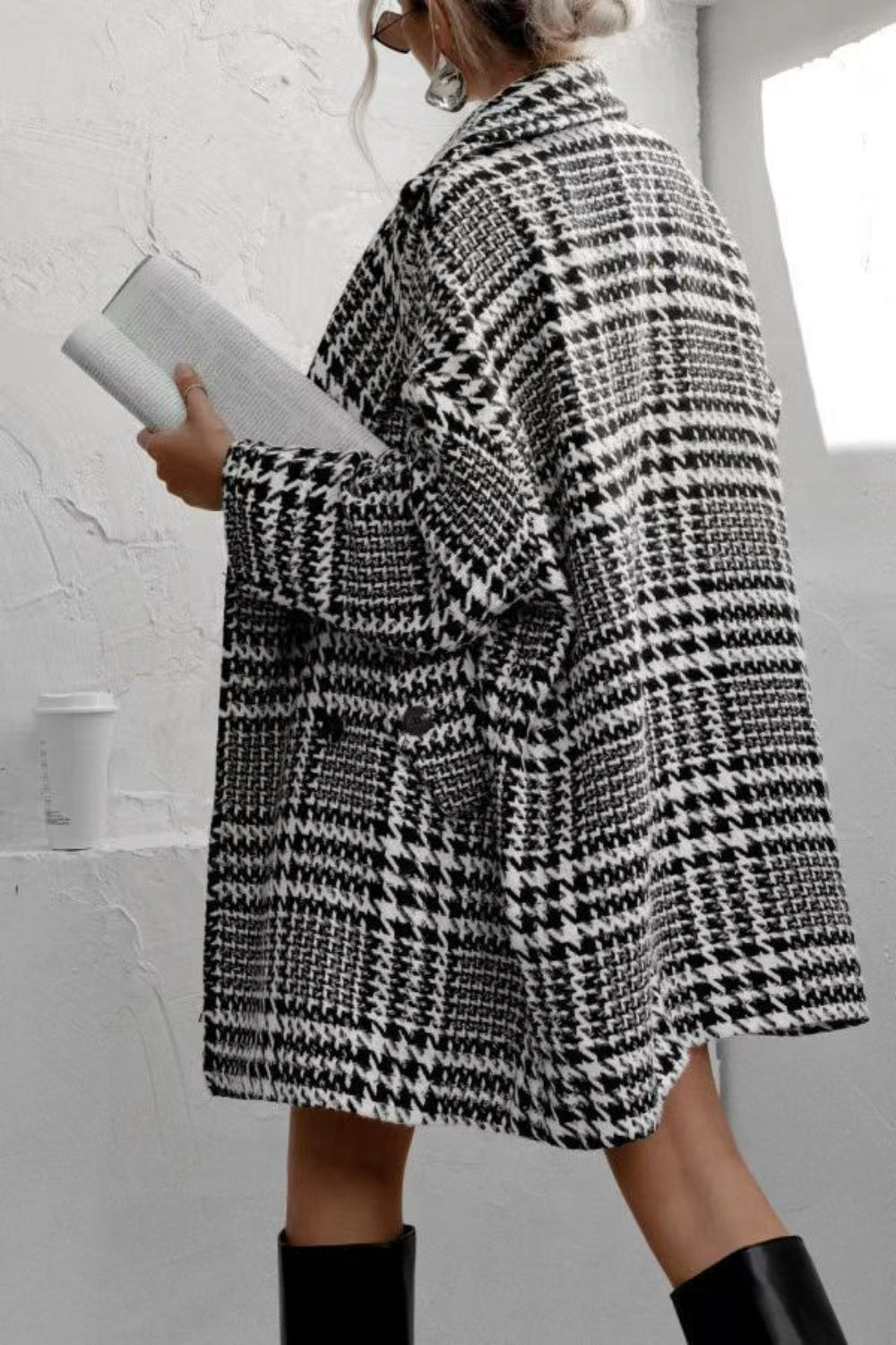Houndstooth Collared Neck Long Sleeve Coat with Pockets - felvior