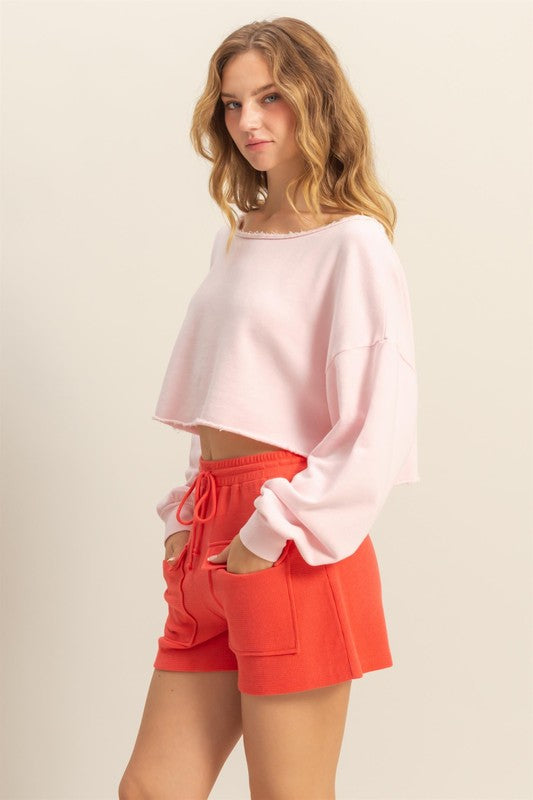 HYFVE Frayed Detail Boat Neck Long Sleeve Crop Top - felvior
