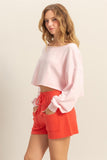 HYFVE Frayed Detail Boat Neck Long Sleeve Crop Top - felvior
