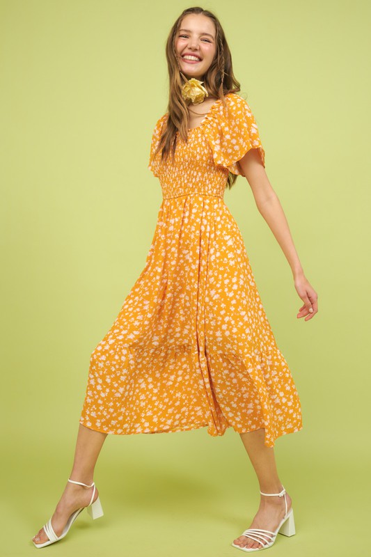 Mittoshop Flower Print Flutter Sleeve Smocked Midi Dress - felvior