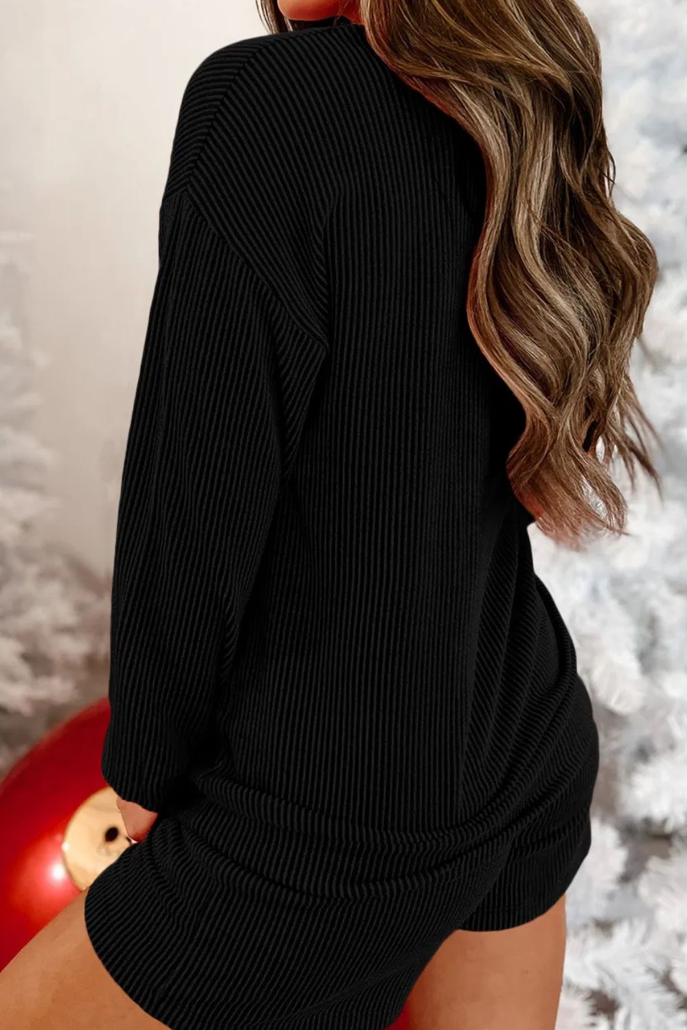 MERRY Round Neck Long Sleeve Top and Shorts Lounge Set - felvior