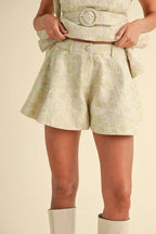 MABLE Jacquard Floral Peplum Top and Flare Shorts Set