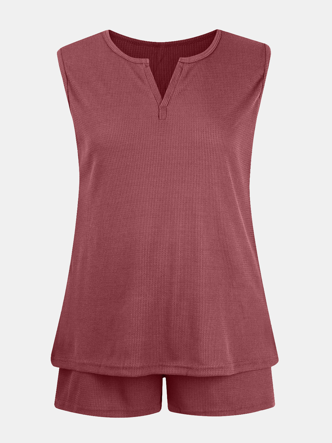 Full Size Waffle-Knit Notched Top and Shorts Set - felvior