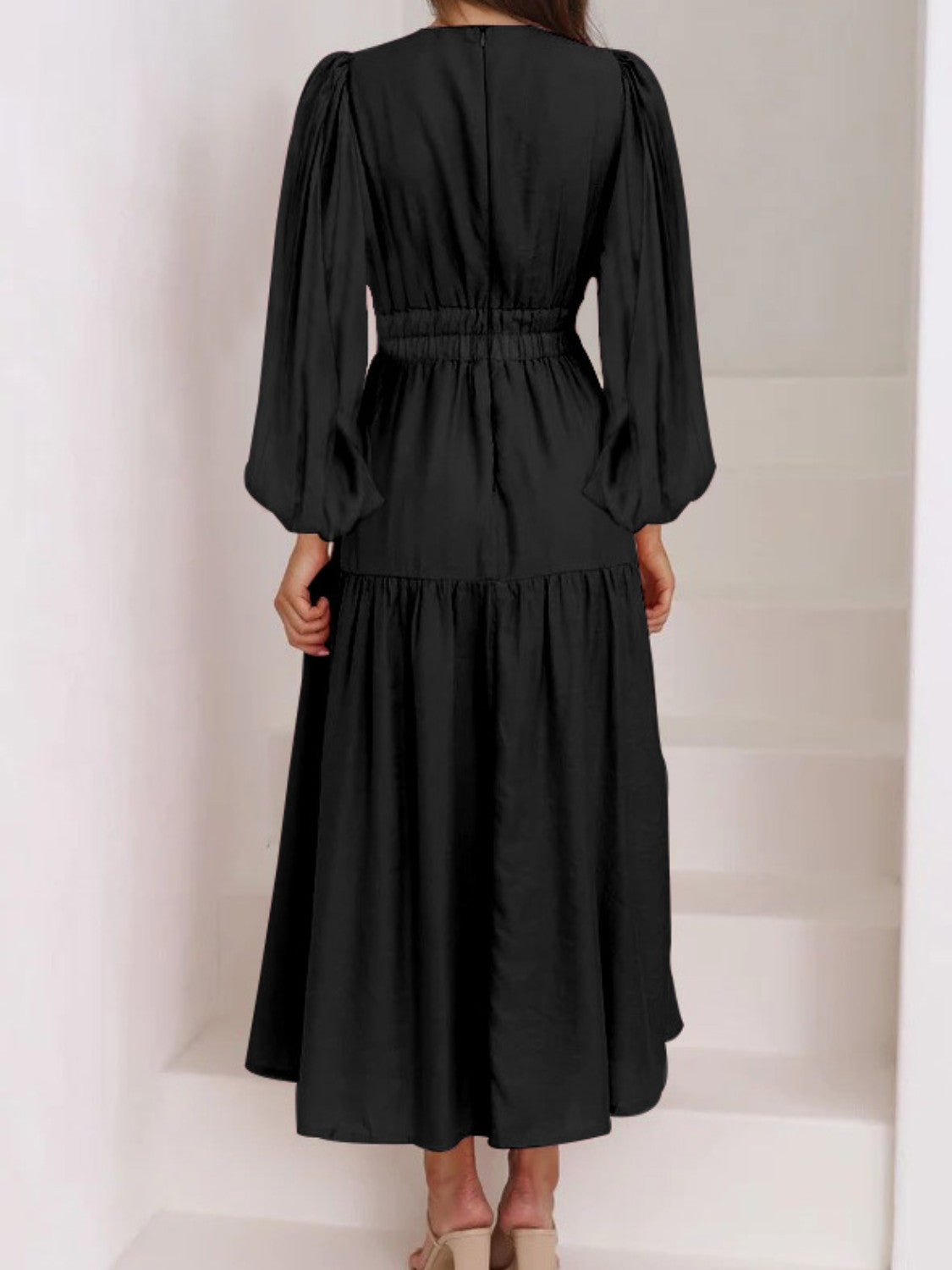 Deep V-Neck Balloon Sleeve Plain Maxi Dress - felvior