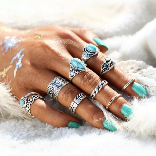 Artificial Turquoise Alloy Ring 10-Piece Set - felvior