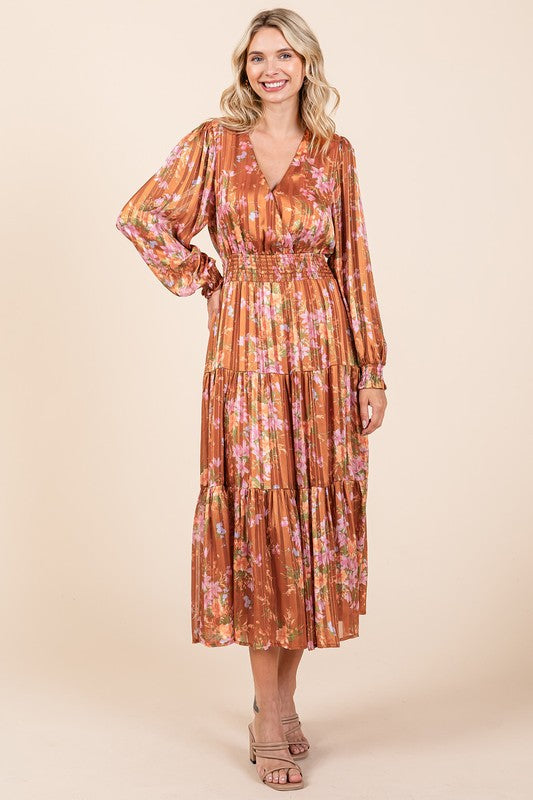 Mittoshop Flower Print Satin Lurex Stripe Smocked Midi Dress - felvior