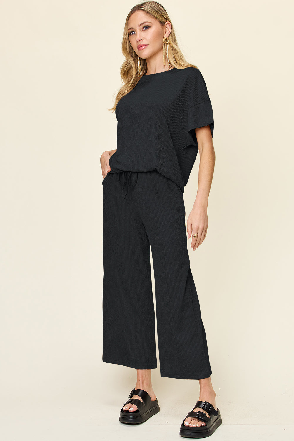 Double Take Full Size Texture Round Neck Short Sleeve T-Shirt and Wide Leg Pants - felvior
