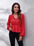 Floral V-Neck Balloon Sleeve Peplum Blouse - felvior