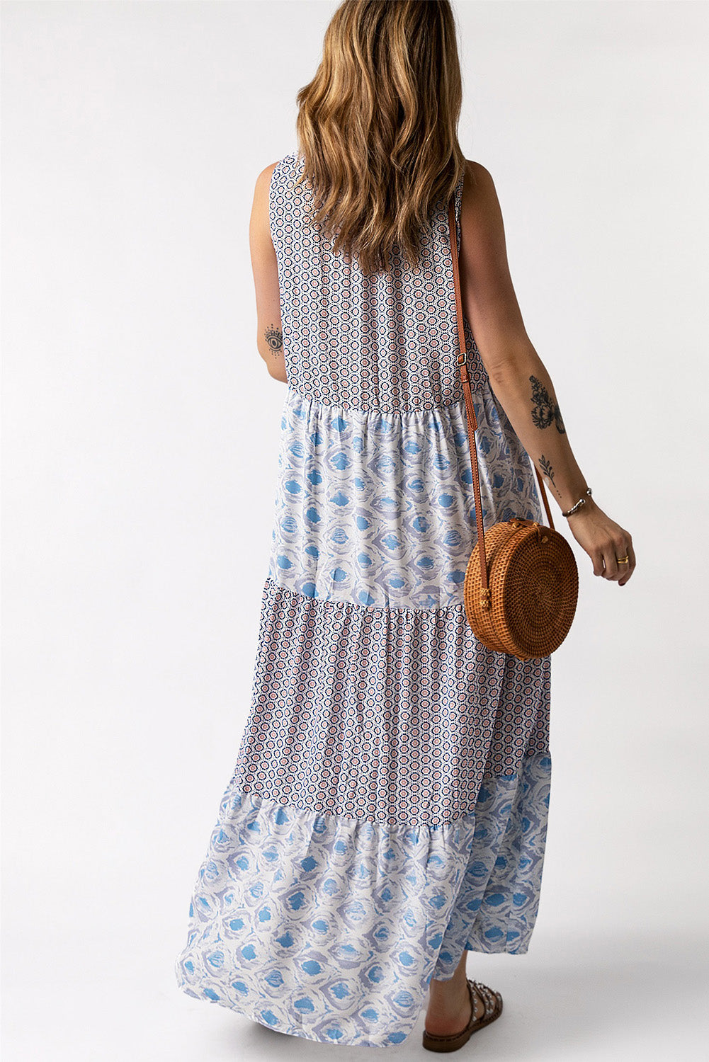 Mixed Print Tie-Neck Sleeveless Maxi Dress - felvior