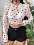 Heart Round Neck Long Sleeve Sheer Top - felvior