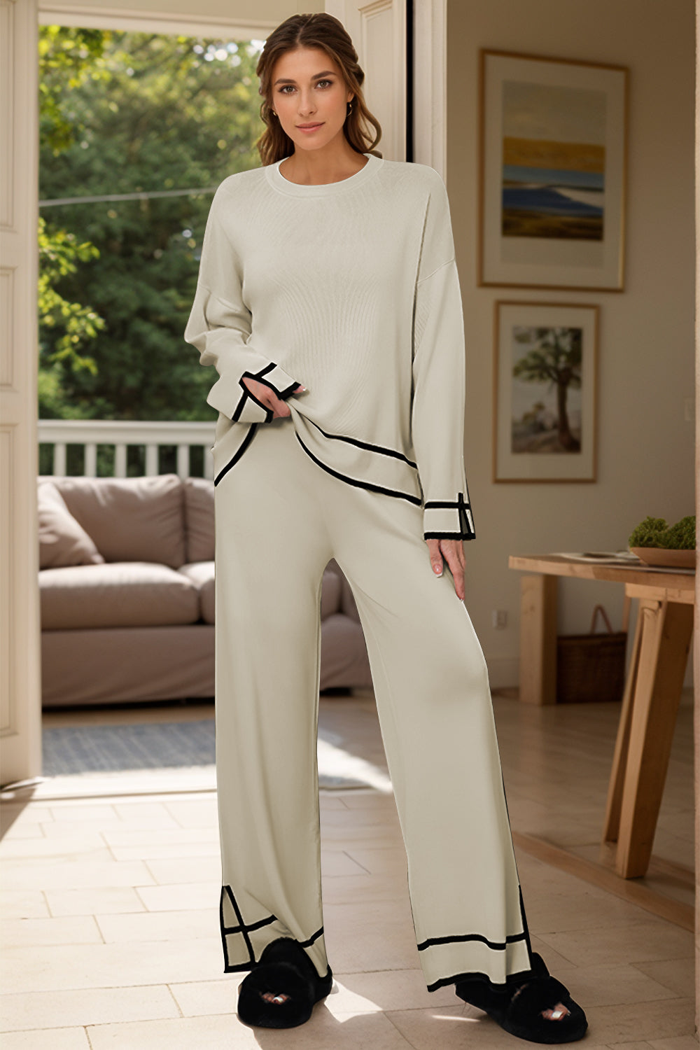 High-Low Round Neck Top and Pants Sweater Set - felvior