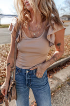 Ribbed Knit Ruffled Cap Sleeve Slim Fit Top