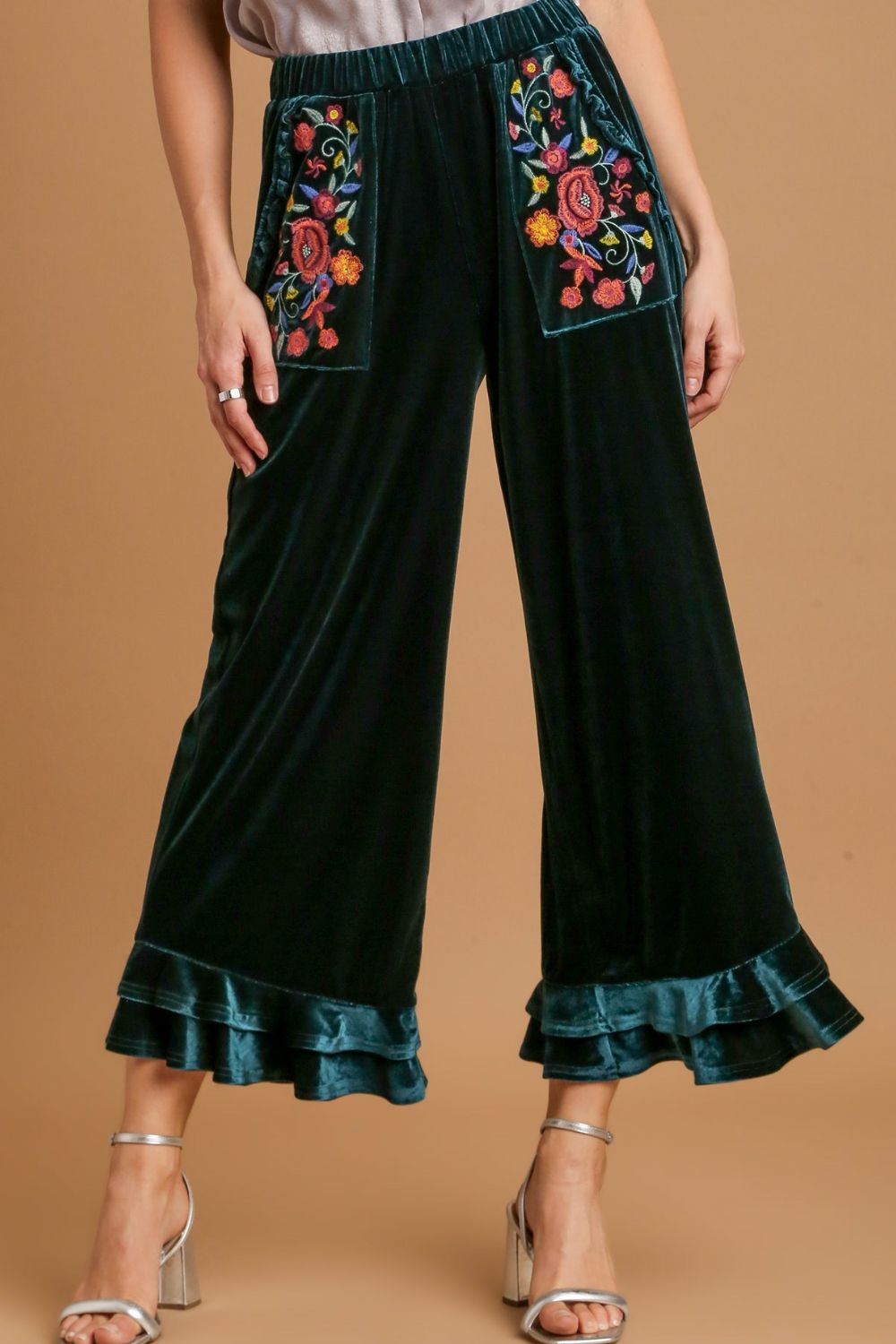 Umgee Full Size Wide Fit Ruffle Velvet Pants with Embroidered Pockets Plus Size - felvior