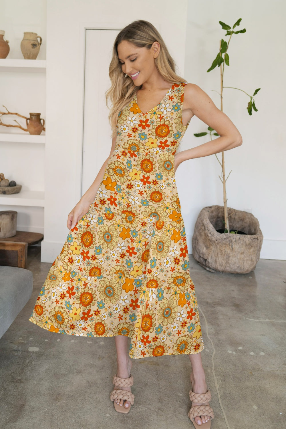 FAM-FAM Tiered Printed V-Neck Sleeveless Dress - felvior