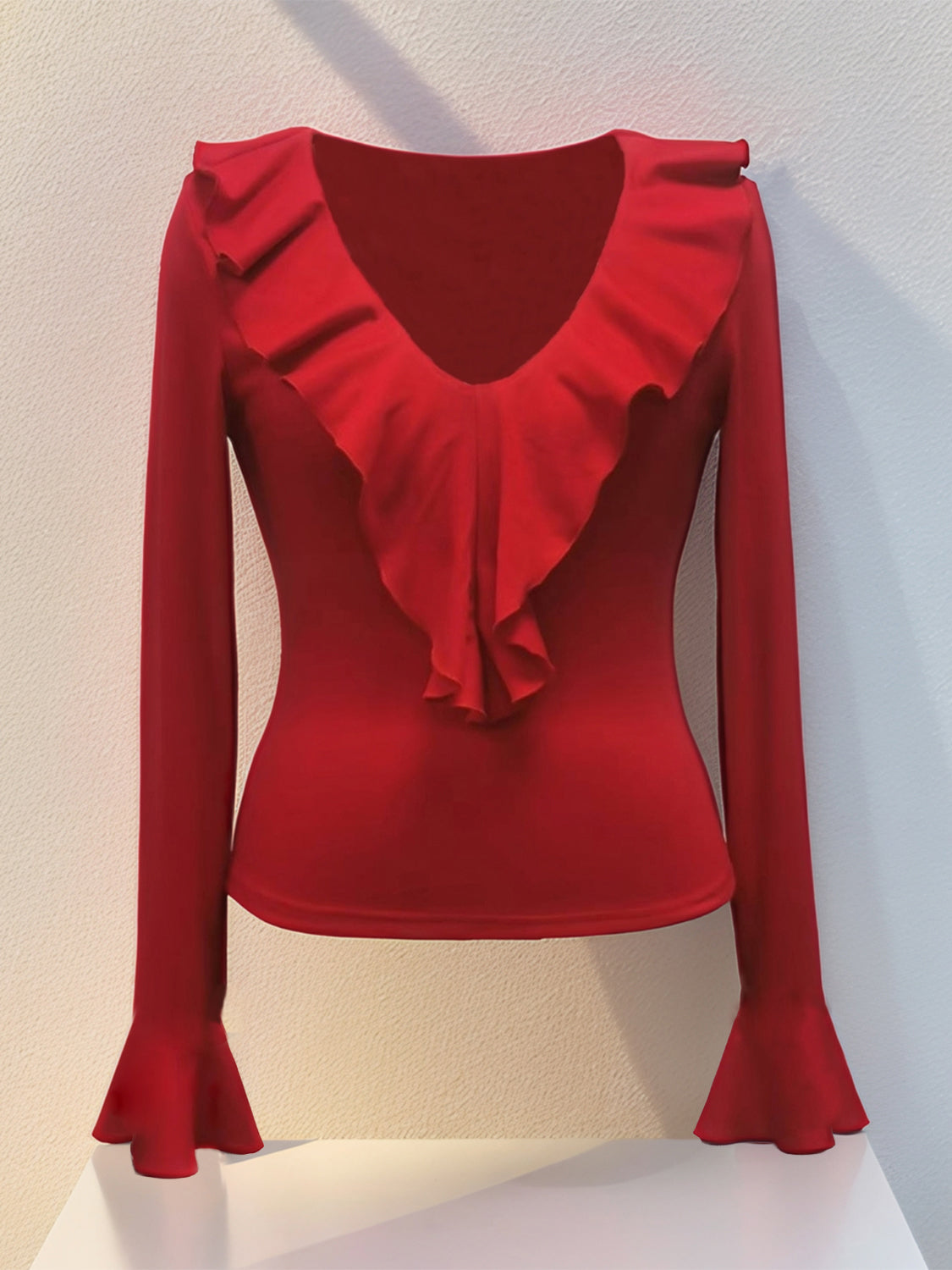 Ruffled V-Neck Long Sleeve T-Shirt - felvior