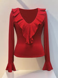 Ruffled V-Neck Long Sleeve T-Shirt - felvior