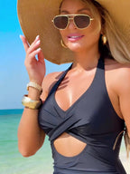 Cutout Printed Halter Neck One-Piece Swimwear