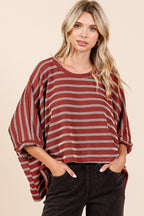 Mittoshop Texture Striped Print Round Neck Dolman Sleeve Top