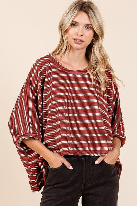 Mittoshop Texture Striped Print Round Neck Dolman Sleeve Top